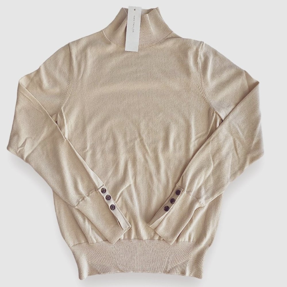 NEW Ann Taylor mockneck tan blouse sleeve button detail size S